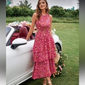 NWOT Shein Aveloria Rosie Pink Floral Tiered Cut-Out Maxi Dress